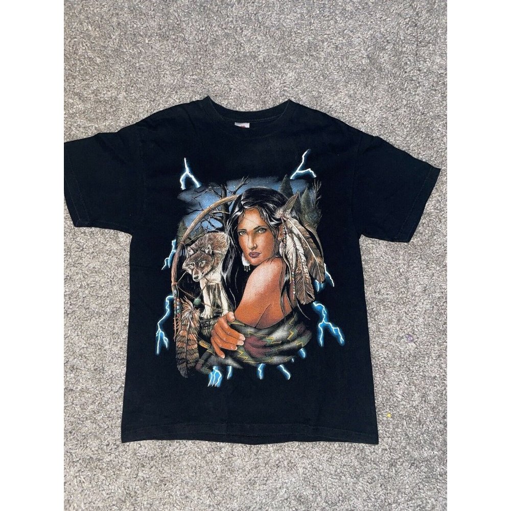 Vintage USA Thunder T Shirt Native American Wolf Lightning 90s Sz Large